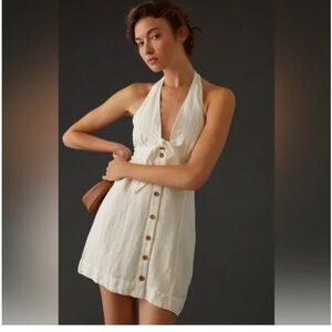 White Halter Button-Down Dress